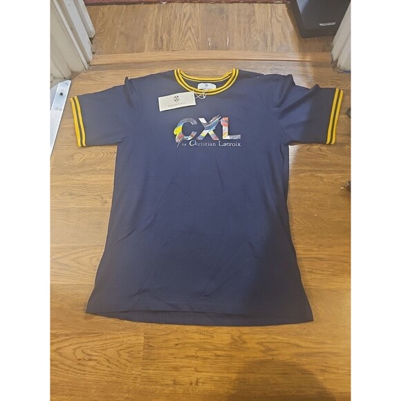 NWT CXL by Christian Lacroix Paint Logo Mens Large Tee Shirt Navy Blue - Picture 1 of 9